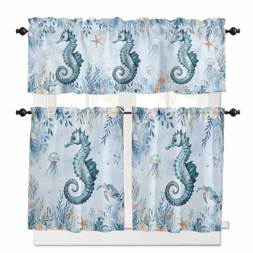 Seahorse Coastal Kitchen Curtains 24 Inch Length, 3 Piece Rod Pocket Small Half Tiers and Valance Set, Blue Eucalyptus Botanical Small Large Window Treatment Decor for Bedroom/Bathroom Sink