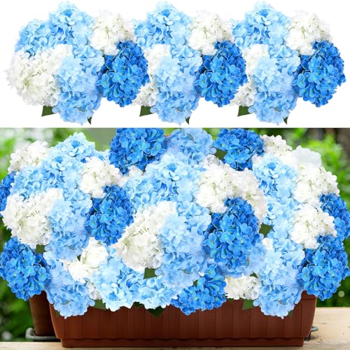Image of Suncalla Blue and White 6 Bundles Hydrangea Artificial Flowers Bulk 30 Heads 20'' Faux Fake Hydrangea for Spring Graves Easter Decor Porch Indoor Outdoor Home Garden Wedding Table Centerpieces