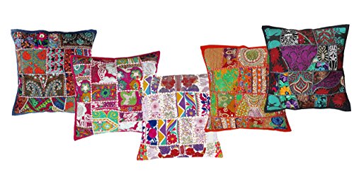 Rastogi Handicrafts Embroidered Sari Patchwork Cushion Cover Handmade Patchwork Cushion Pillow, Sari Patch Throw Pillow Indian Ethnic Pillow Covers (5)