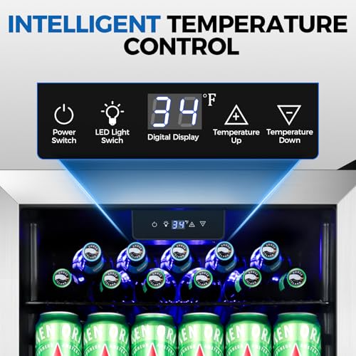Image of 20 Inch Beverage Refrigerator Cooler, 145 Cans Mini Fridge with Glass Door&Lock, Small Drink Cooler Freestanding /Counter-Top for Soda, Beer with LED Light for Home Bar Office - 3.4 Cu.Ft, Silver
