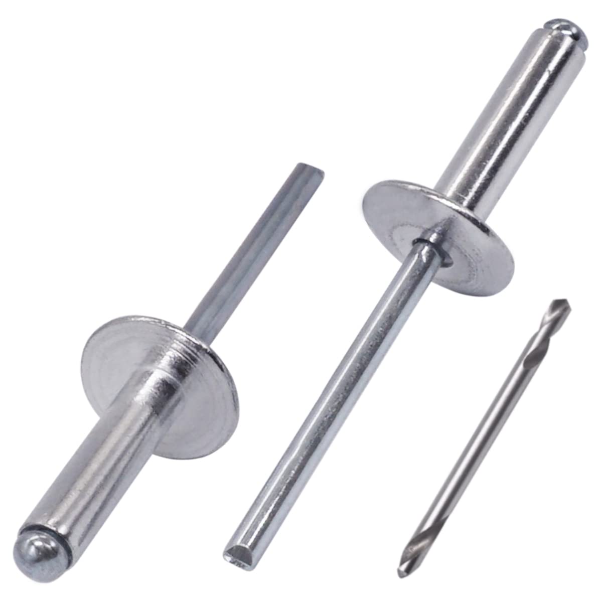 SKIR'CO (150 pcs) Large Flange Aluminium Blind Rivets 4.8 x 24 mm, Steel Mandrel, Drill Bit Included, Silver