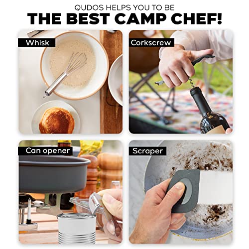 Q QUDOS Silicon Camping Cooking Set - 14 Pcs Camping Utensil Set with Portable Waterproof Polyester Case - Heat Resistant Camping Cooking Utensils for Traveling, Picnic & Camp Stuff