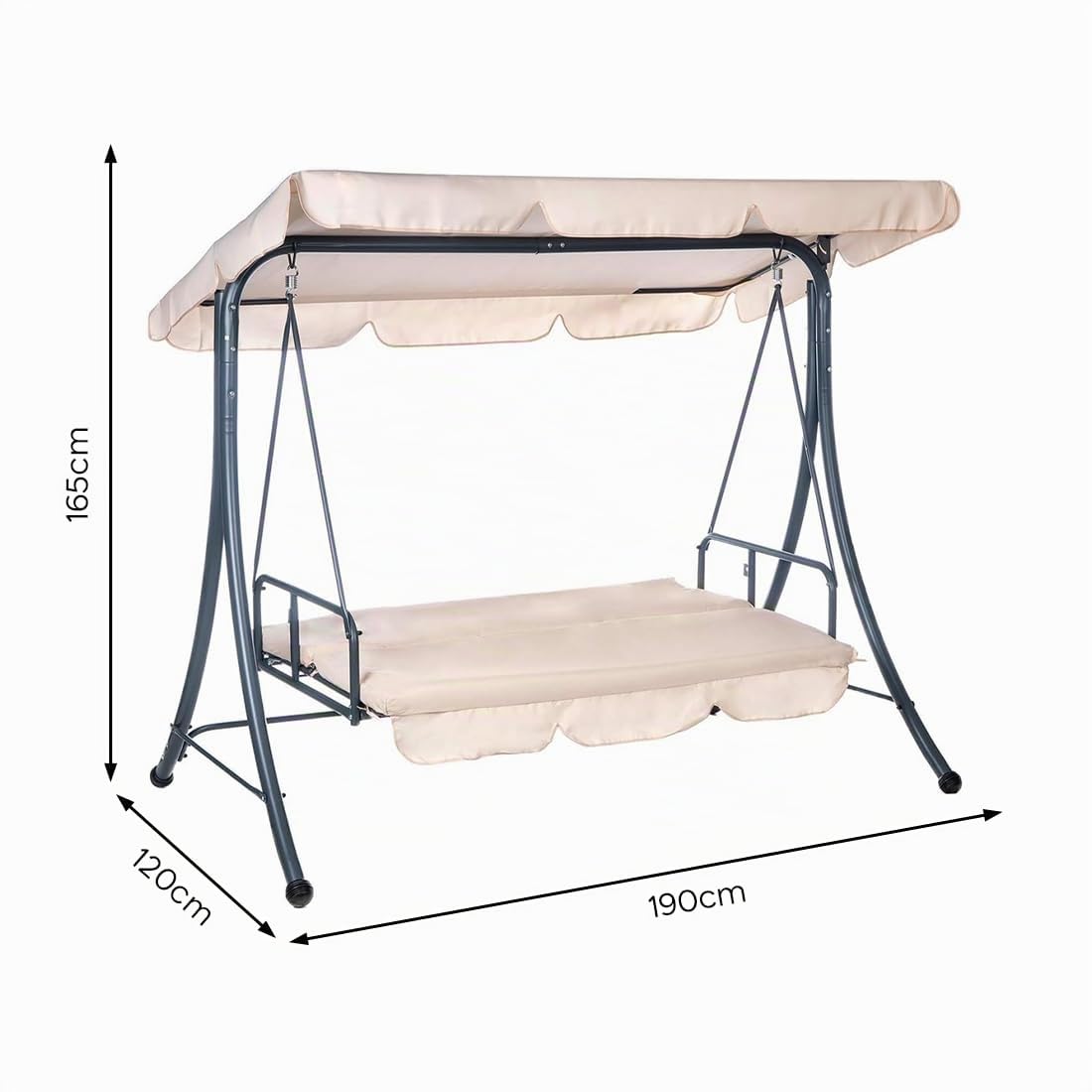 Mediawave Store - Dondolo Letto da Giardino modello ARIZONA, Dondolo Altalena da Esterno 3 Posti, con Tettuccio Parasole Struttura in Acciaio (Beige)