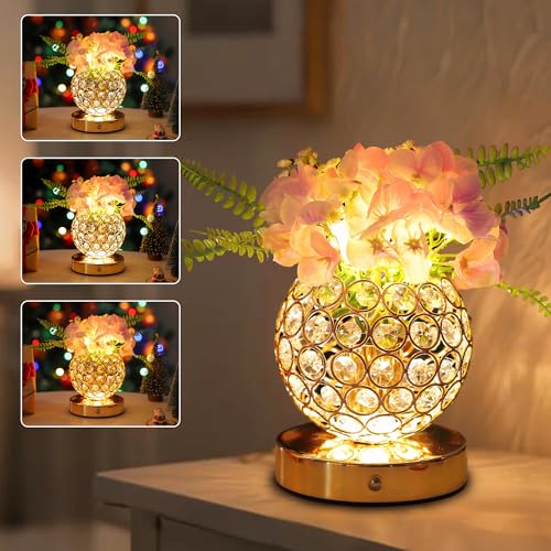 Image of Pink Artificial Hydrangea Flower Lamp, 3 Color Dimmable Touch Control Night Light, Christmas Birthday Gifts for Women, Artificial Hydrangea Flower Table Lamp Decor for Bedroom Bar Coffee Shop Wedding