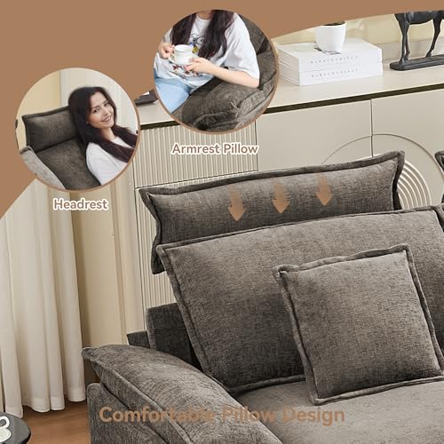 Image of 134'' Cloud Modern 4 Seater Couch with Detachable Headrest, Modular Sectional Sofa with 2 Ottomant, Oversized U Shape Chenille Comfy Sofa with Armrests for Living Room, Brown