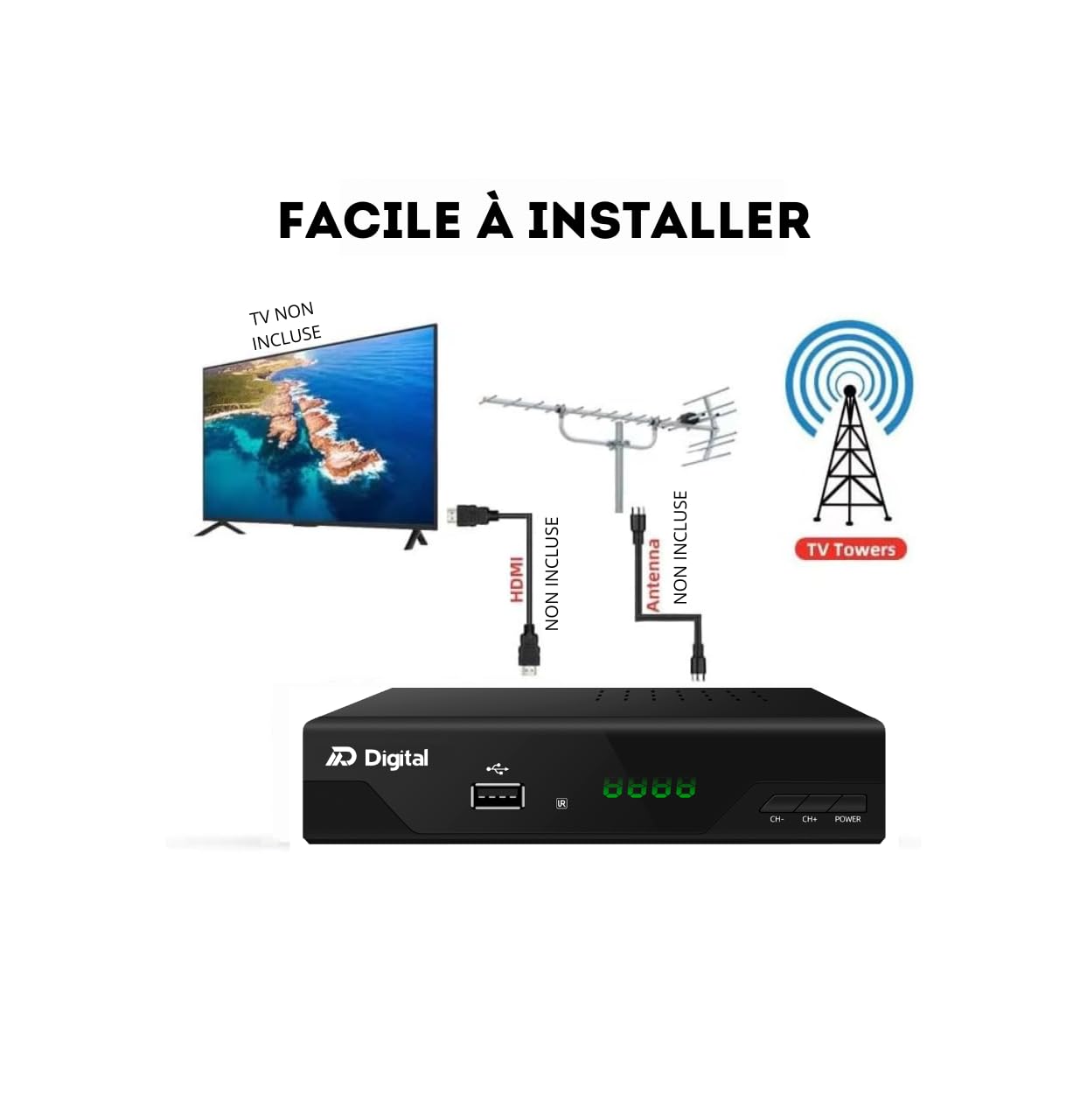 TDT Récepteur HD Full HD Espagnol H265+ 10bit, FTA DM-Digital, DVB-T2, USB, HDMI, LAN, SCART, Wi-Fi, télécommande universelle IR 2 en 1, noir, métal