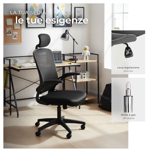 ® Sedia da Ufficio Ergonomica, Schienale Alto con Poggiatesta Regolabile, Sedia Ufficio con Supporto Lombare, Altezza Regolabile, Braccioli Pieghevoli, Rivestimento in Tessuto a Rete - Nero - Sedia gaming - Immagine 6