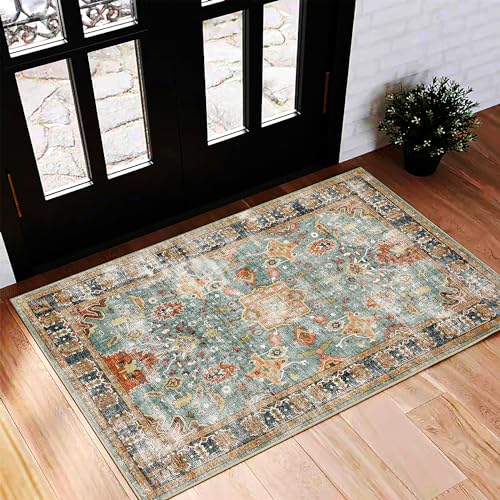 CHAMPLANT Washable Area Rug 2'x3' Door Mat Vintage Distressed Taupe Doormat Indoor Entrance Traditional Floral Print Non Slip Carpet for Kitchen Bathroom Bedroom Living Room