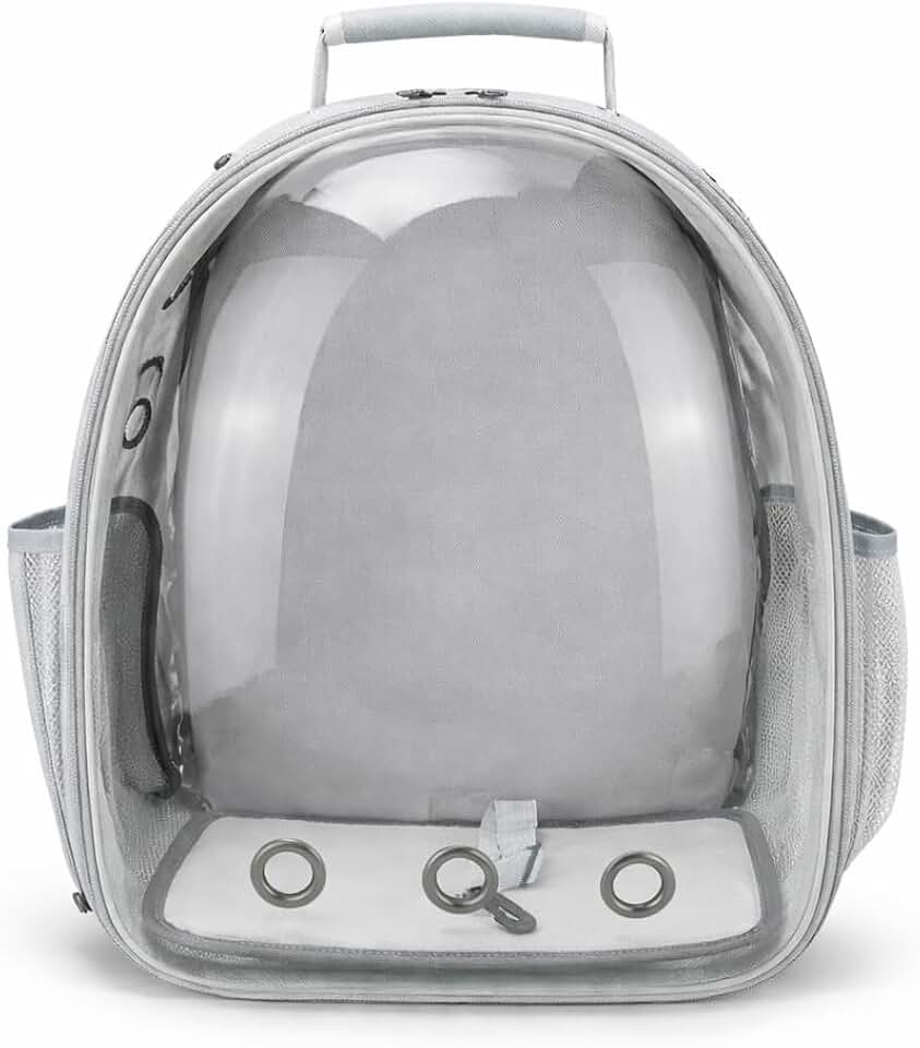 Mochila Astronauta para Transporte de Pets – Cápsula Transparente, Ventilada e Segura (Cinza Gelo)