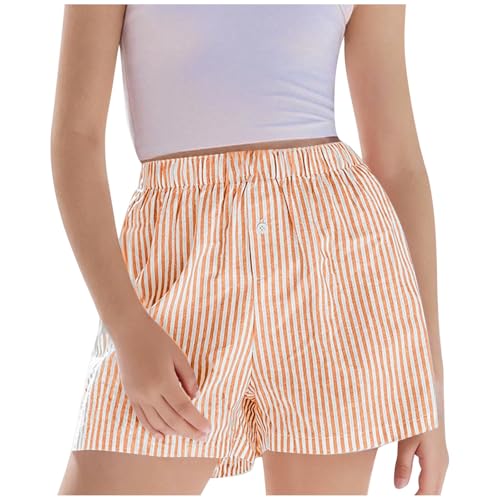 Girls Cotton Lounge Boxer Shorts Casual Striped Elastic Waist Pajama Bottoms with Pockets Y2K Lightweight Beach Shorts