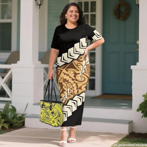 Image of Puletasi Polynesian Tribal Clothing Two Piece Skirt Set for Women Outfits Short Sleeve Top High Waist Midi Skirt