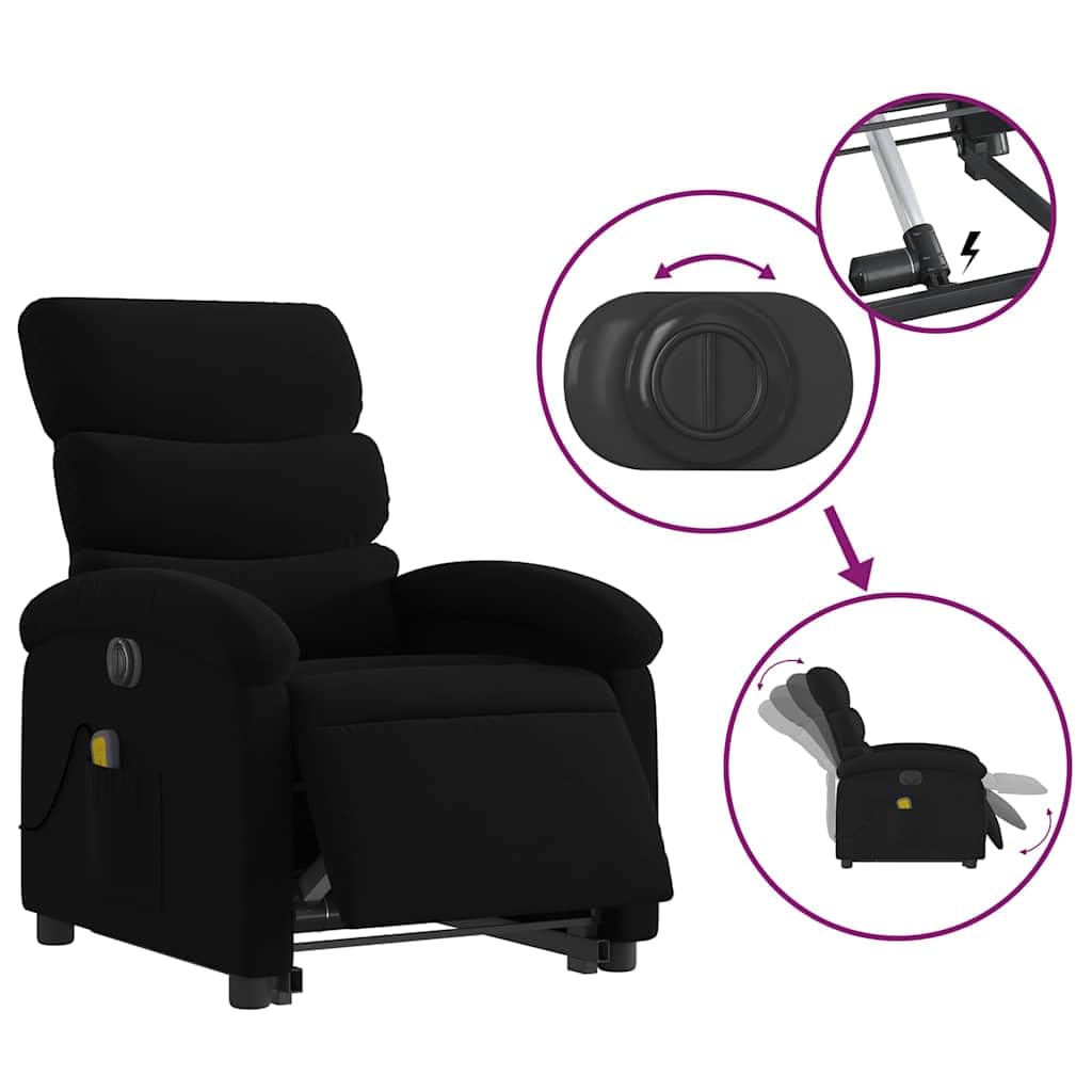 Sillón elevador eléctrico eléctrico negro de tela con 6 puntos de masaje y función reclinación 135 grados, cómodo y estable para adultos, asiento acolchado con marco