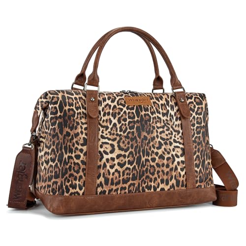 Wrangler Duffel Bag Large Travel Weekender Bag for Women Waterproof Carry on Overnight Bag for Gym Trips Weekends Leopard Brown