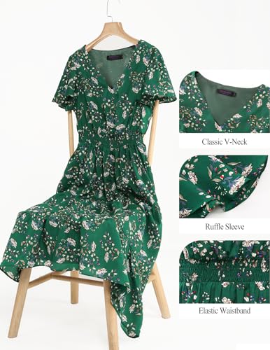 Image of Bridesmay Women's Summer Floral Midi Dress V Neck Short Sleeve A-Line Casual Beach Vacation Dresses Flowy