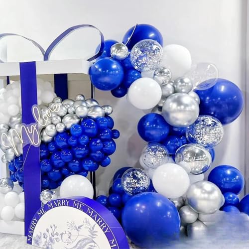 Image of MEBAY Blue Silver Black Balloons Garland Arch Kit, 146 Pcs Royal Light Blue Metallic Confetti Silver Balloons for Baby Shower Graduation Anniversary Retirement Birthday Party Decoration