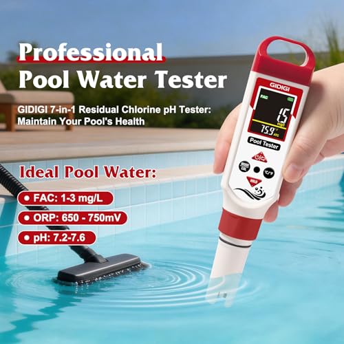 Image of Digital Chlorine Tester Pool Salinity Meter, Hot Tub Chlorine Meter | 7-in-1 pH Meter Test FAC pH Salt ORP TDS EC, AAA Battery,ATC, Pool Tester pH Tester for Drinking Water Quality Chlorine Level