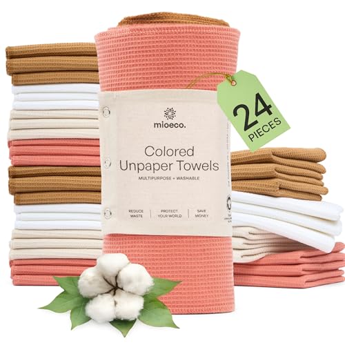 Image of mioeco 24 Pack Multicolored Reusable Paper Towels - Nature Friendly - Organic Cotton Alternative - Thick, Strong, Paperless Kitchen Dish Cloths - Reusable Napkins - Dish Towels - Cloth Napkin