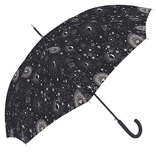 Devota & Lomba Paraguas de mujer largo Automático- Sistema Antiviento- Ligero-Práctico- Estampado Planetas y Estrellas-Diámetro 102cm- Negro