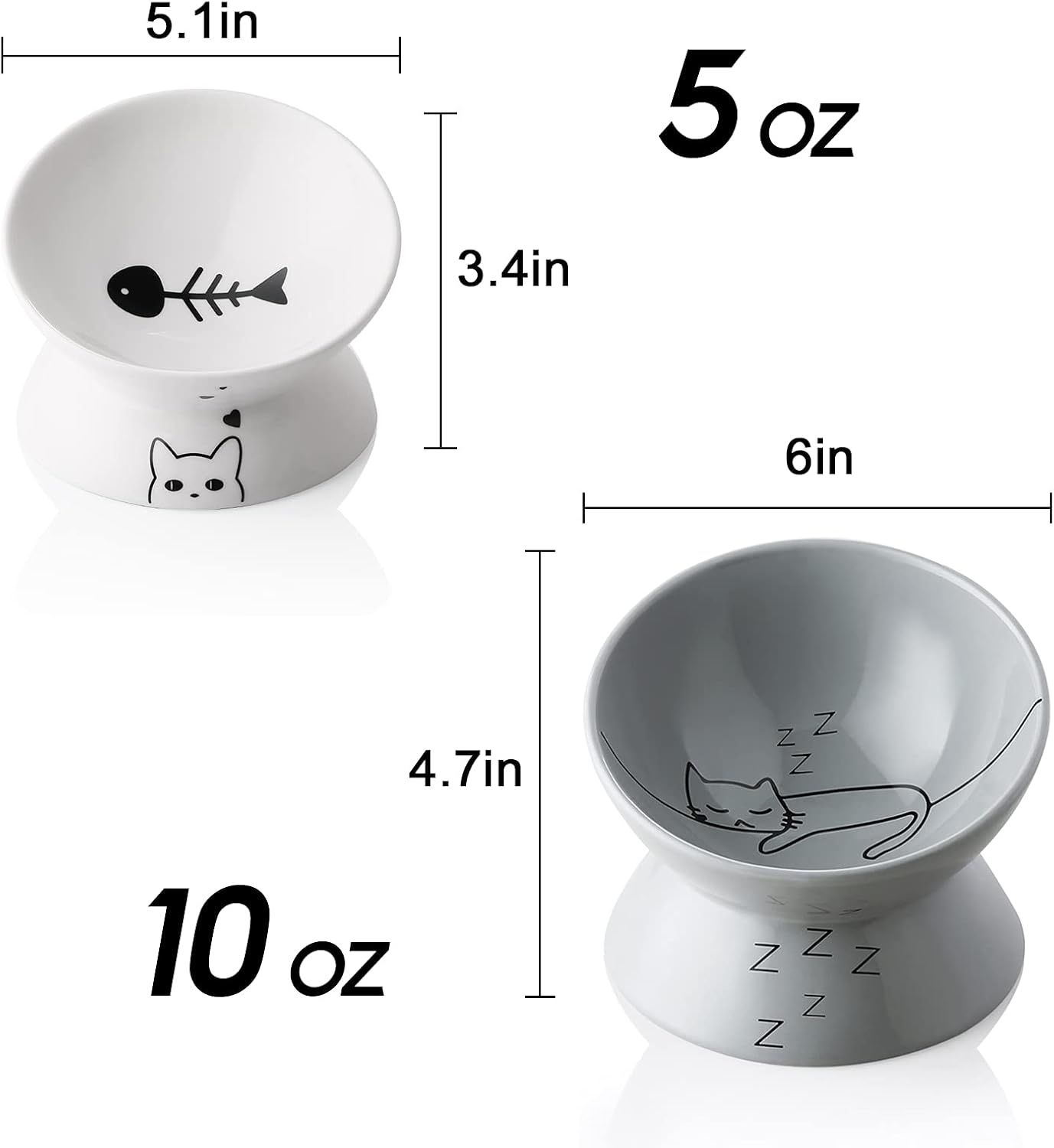 SWEEJAR Ceramic Raised Cat Bowls 5 oz + 10 oz, Slanted Cat Dish Food or Water Bowls