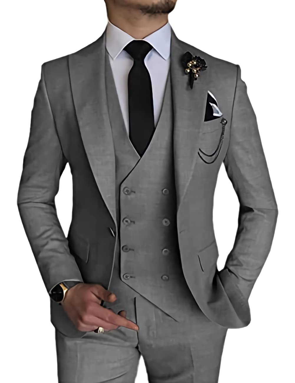 Men's Suit 2 Piece Slim Fit Double Breasted Blazer and Trousers Wedding Groom Tuxedo Peak Lapel Formal Prom Suits, Pure Grey, L