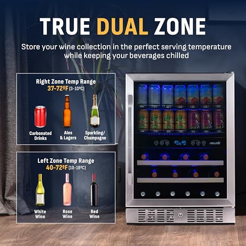 Image of NewAir 24 inch Dual Zone Beverage Refrigerator & Wine Cooler for 20 Bottles & 70 Cans | Freestanding or Built-In Under Counter Mini Fridge for Beer, Wine and Soda | Stainless Steel