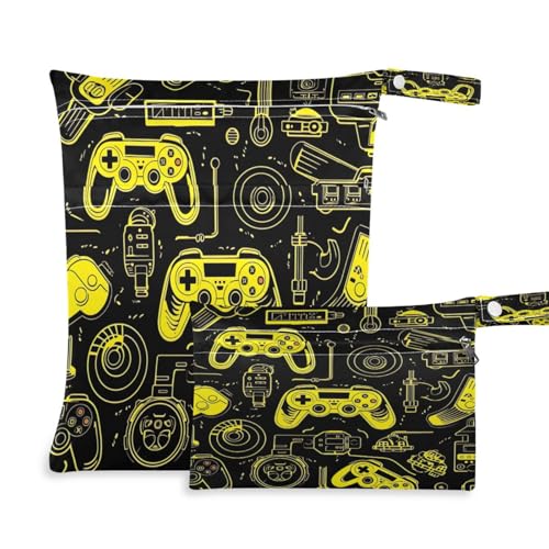 ATTX Colorful Video Game Controllers Wet Dry Bags 2-Pack - Reusable Cloth Diaper Storage for Travel, Beach & Gym | Multi-Use Waterproof Bags for Swimsuits, Baby Clothes, Sports Gear#269