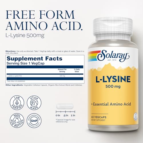 Image of SOLARAY L Lysine 500 mg Capsules - Free-Form Essential Amino Acids Supplement - Powerful Wellness Support with L-Lysine Amino Acid - Lab Verified, 60-Day Guarantee, 60 Servings, 60 VegCaps