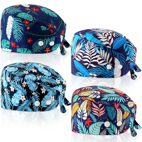 Image of Unittype 4 Pcs Nurse Caps for Women Nursing Working Caps with Button and Sweatband Adjustable Elastic Scrub Hats for Dentist