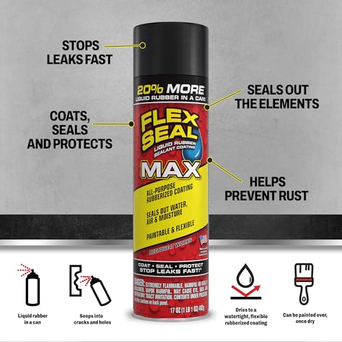 Image of Flex Seal MAX, 17 oz, 4-Pack, Black, Stop Leaks Instantly, Waterproof Rubber Spray On Sealant Coating, Perfect for Gutters, Wood, RV, Campers, Roof Repair, Skylights, Windows, and More