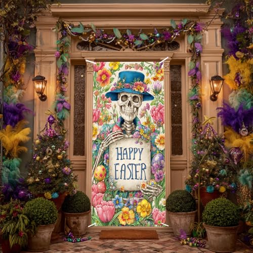 Image of Easter Door Cover 35.43 x 70.87 Inch Floral Skeleton Holding Happy Easter Sign with Colorful Spring Flowers Bunny Eggs Garden Elements Holiday Seasonal Front Door Accent