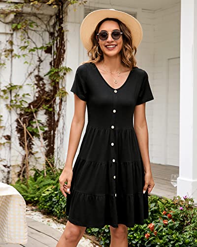 Sexyasasii Women's Summer Casual Short Sleeve Button Down Ruffle Mini Dress V Neck Flowy Short T Shirt Dress With Pockets(Black,M) #TOP6