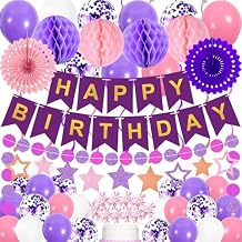 69Pcs Birthday Decorations Purple Happy Birthday Banner Balloons Honeycomb Balls Paper Fans Hanging Swirl Stars Garland Cupcake Toppers Party Decorations for Women Men