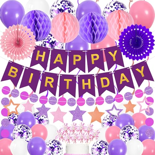 69Pcs Birthday Decorations Purple Happy Birthday Banner Balloons Honeycomb Balls Paper Fans Hanging Swirl Stars Garland Cupcake Toppers Party Decorations for Women Men