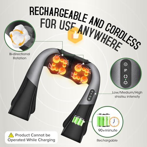 Image of Cordless Shiatsu Neck and Shoulder Massager, Back Massager with Heat,Massage Deeper Tissue 4D Kneading Massage for Shoulder, Neck and Back, Use at Home, Office, Car - Gifts for Fathers Day Dad Gift