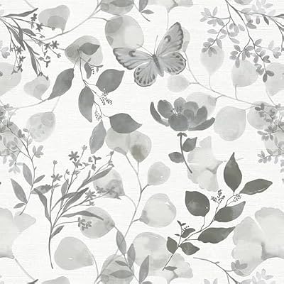 Safiyya Floral Wallpaper Peel and Stick Grey Boho Wall Paper Self Adhesive Removable Wallpaper Butterfly Flower Contact Paper for Bathroom Bedroom Living Room Vinyl Rolls 17.3" x 78.7"