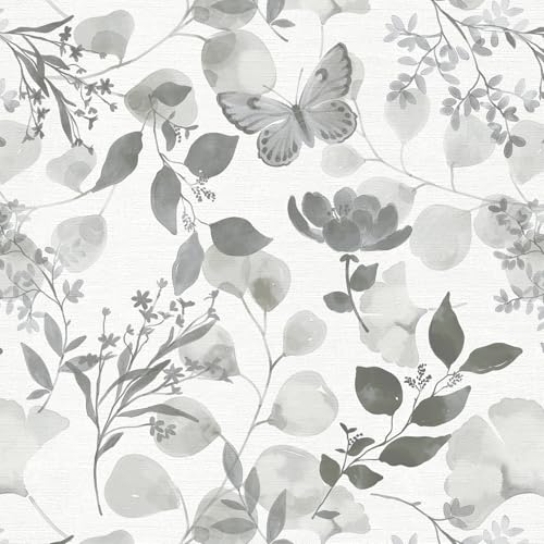Safiyya Floral Wallpaper Peel and Stick Grey Boho Wall Paper Self Adhesive Removable Wallpaper Butterfly Flower Contact Paper for Bathroom Bedroom Living Room Vinyl Rolls 17.3" x 78.7"