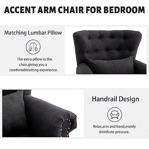Kcc Living Room Accent Chair Mid Century Modern Reading Arm Chair For Bedroom, Upholstered Club Chair Single Sofa Chair With Tufted Back, Rubber Wood Legs And Lumbar Pillow, Black #TOP3