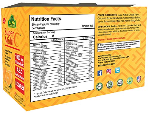 Alfa Vitamins Super Multi C, Vitamin C Powder And Multivitamin Supplement Premium Quality Source Of Nutrients, Minerals, Antioxidants & Electrolytes - 30 Packets #TOP2