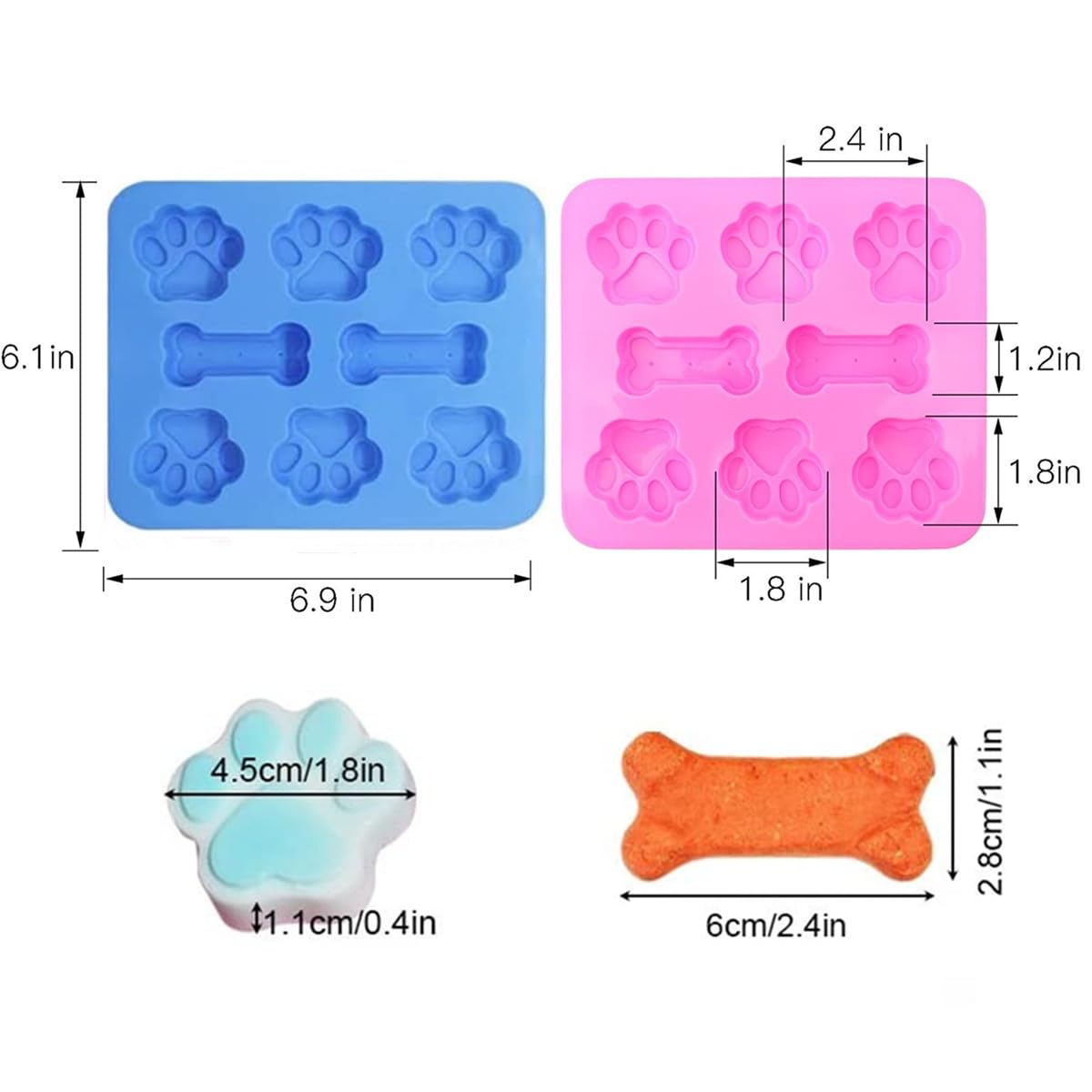 Paquete de 2 moldes de silicona de grado alimenticio, moldes para patas y huesos, moldes de golosinas para perros congelados para hornear cubitos de hielo, golosinas para perros 2