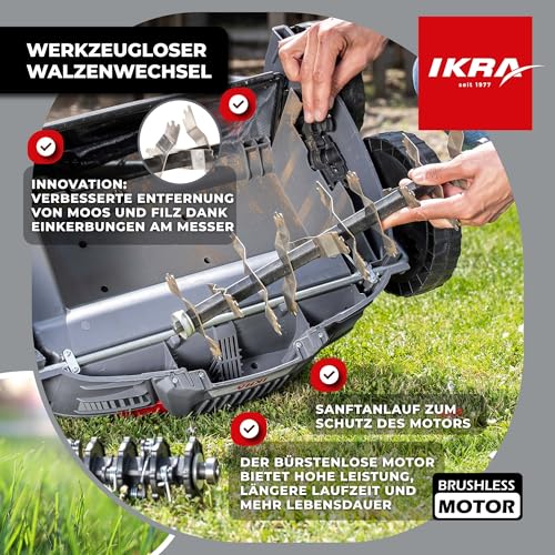 IKRA 36V Akku 3in1 Vertikutierer Rasenlüfter IB-SR 36, Fangkorb 45l, Arbeitsbreite 36cm, ohne Akku & Ladegerät, kompatibel mit Bosch