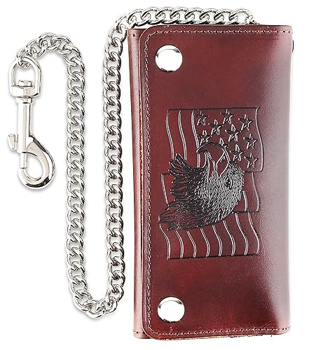 Image of RFID Blocking Men's Tri-fold Vintage Long Style cow Leather With Chain card holder Wallet,MADE IN USA