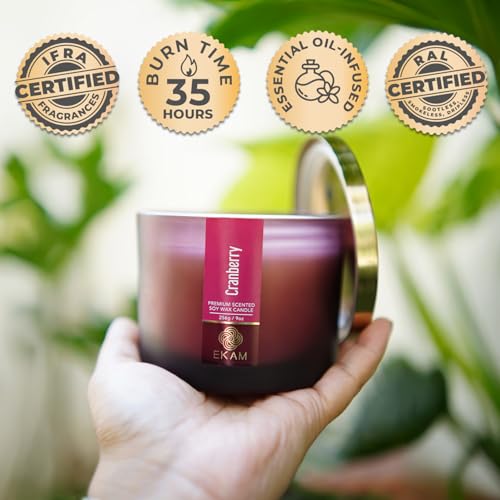 Image of EKAM 3 Wick Soy Wax Scented Candle | Cranberry Fragrance | 35 Hr Burn | Long Lasting Premium Jar Candle for Home Decor, Relaxation & Gifting