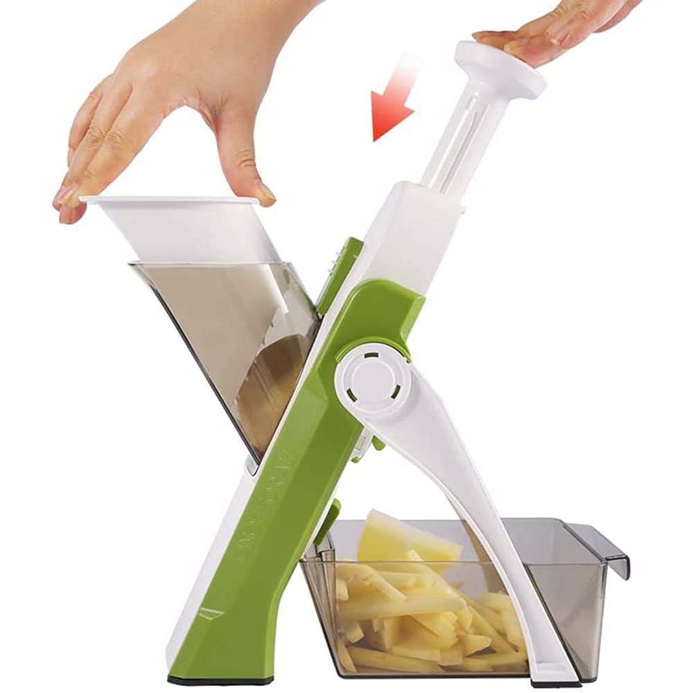 Cortador de mandolina profesional con 4 modos de corte, corte de dados en juliana, seguro y fácil de usar, cortador manual de alimentos para chefs y uso doméstico (verde)