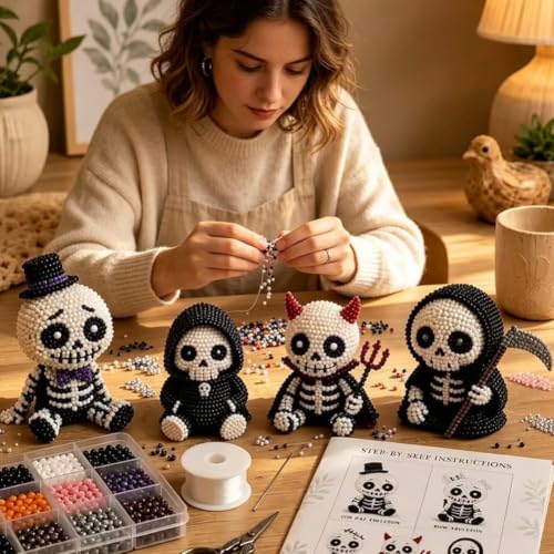 Tiny 3D Beaded Skull DIY Kit for Adults Beginners – Cute Handmade Skeleton DIY Craft Set, 4 Skull Designs, Beading Embroidery Kits,Creative Stress Relief Home Desk Decor Gifts for Beginners(Colorful) - Image 3