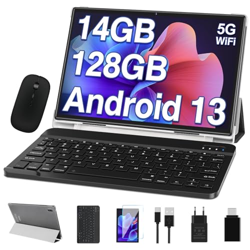 Tablet 10.1 Zoll Android 13 OS Octa Core 5G WLAN,14GB RAM+128GB ROM(TF 512GB/1TB), 2.0GHz, GMS-Zertifizie | 8000mAh | 1280 * 800 HD-IPS | 5+8MP Kamera | Typ-C | Mit Maus und Tastatur - Grau
