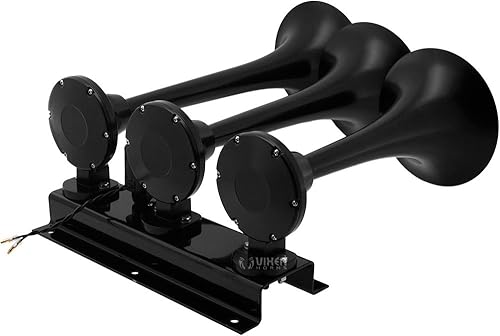 Miniatura 4 de Vixen Horns Bocina de tren para camióncoche. 3 trompetas negras resistentes con bocina de aire. Db súper fuerte. Se adapta a vehículos de 12 V como