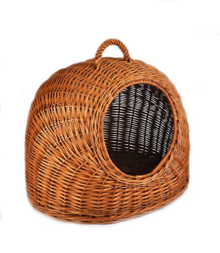MyBer® Katzen Häuschen Liege Katzenkorb Katzenhöhle Weidenkorb Transport Box Korb aus Weide mit Kissen geflochten K5-081-SBWK