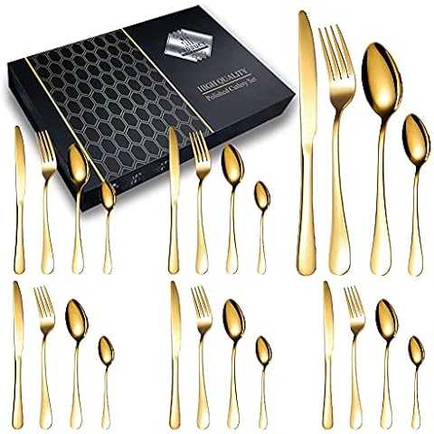 Gold Cutlery Set, Home Safety Stainless Steel Flatware Set 24 Piece, High-Grade Mirror Polishing Silverware Set Service for 6, Includes Knives, Forks, Spoons, Dishwash Safe,with Premium Box,Shiny Gold Cover