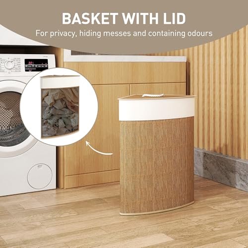 HOMCOM Bamboo Laundry Basket with Lid, 55L Corner Laundry Hamper with Removable Washable Liner Bag, Bathroom Triangle Washing Basket, 35 x 35 x 60 cm, Brown - Image 4