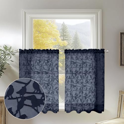 OVZME Navy Blue Sheer Curtains Tier 36 inch Length 2 Panels Set, Light Filtering Elegant Textured Short Bird Curtains for Bedroom Basement Small Window, Dual Rod Pocket, 2x38Wx36L Inches